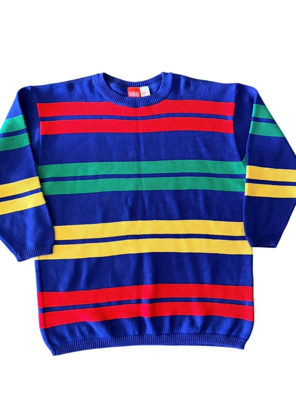 80s 90s Vintage Liz & Co Striped Crewneck Sweater Blue Primary Colors